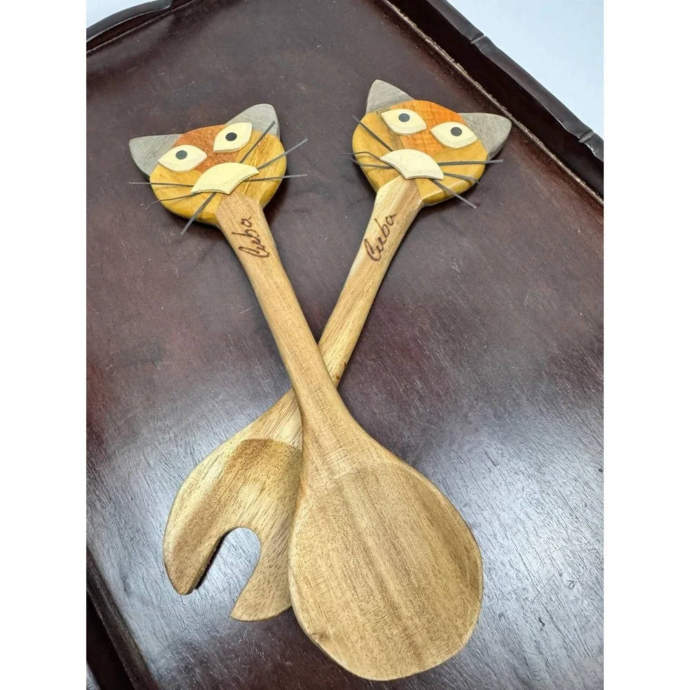 Vintage Cuba Hand Carved Wood Cat Salad Server‎ Set Inlay Wooden Spoon Fork 10in